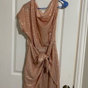Grace Karin One Shoulder Sequin Dress in a peachy pink